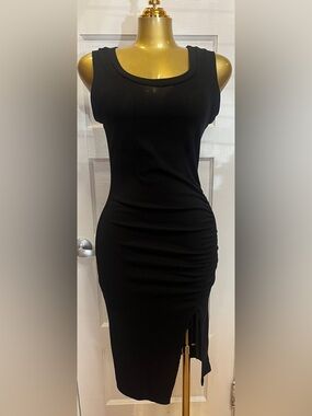 21 Saints Black Ribbed Midi Dress Side Slit Ruched Bodycon Size S
